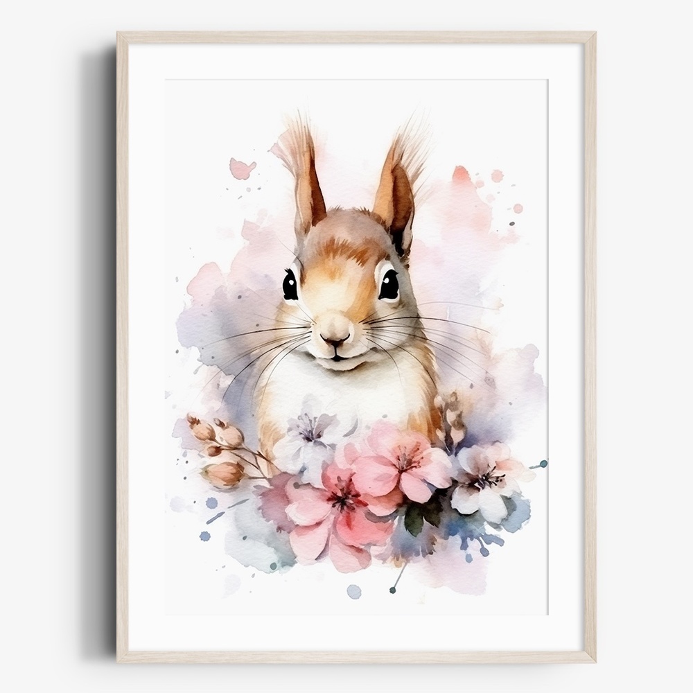 Watercolor Floral Squirrel Portrait Wall Art Illustration Print Poster Unframed